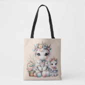 Pastel Kawaii Unicorn Mutter Tochter Duo Beige Tasche (Vorderseite)