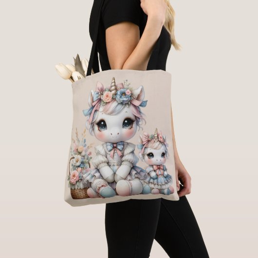 Pastel Kawaii Unicorn Mutter Tochter Duo Beige Tasche (Von Nahem)