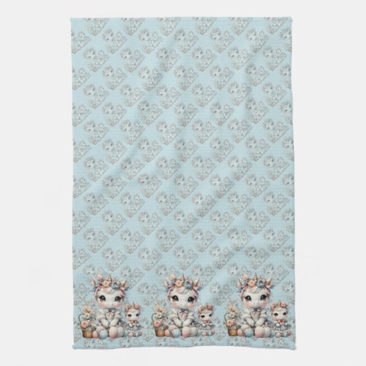 Pastel Kawaii Unicorn Mutter Tochter Duo Blue Geschirrtuch (Vertikal)