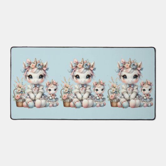 Pastel Kawaii Unicorn Mutter Tochter Duo Blue Schreibtischunterlage (Vorderseite)