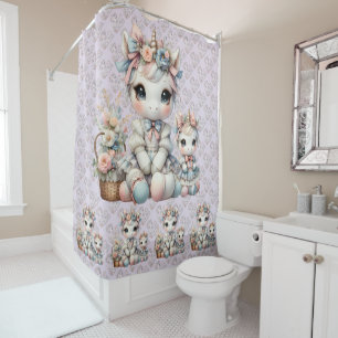 Pastel Kawaii Unicorn Mutter Tochter Duo Lavender Duschvorhang