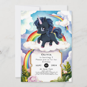 Pastel Kids Black Unicorn Geburtstag Einladung