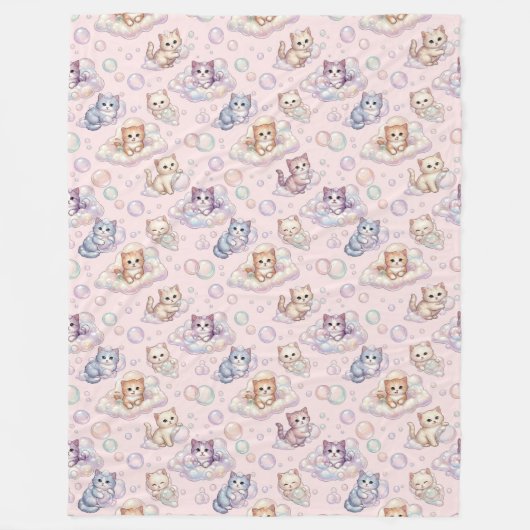 Pastel Kitten & Soap Bubble Nahtlos Fleecedecke (Vorderseite)