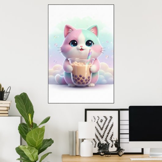 Pastel Kitty with Bubble Tea Art Poster (Heimbüro)