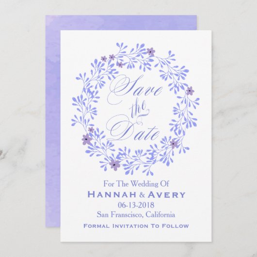 Pastel Lavender Floral Wreath "Save the Date" Save The Date (Vorne/Hinten)