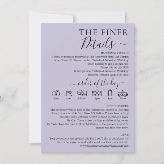 Pastel Lavender Lilac Wedding Finer Details Einladung (Vorderseite)