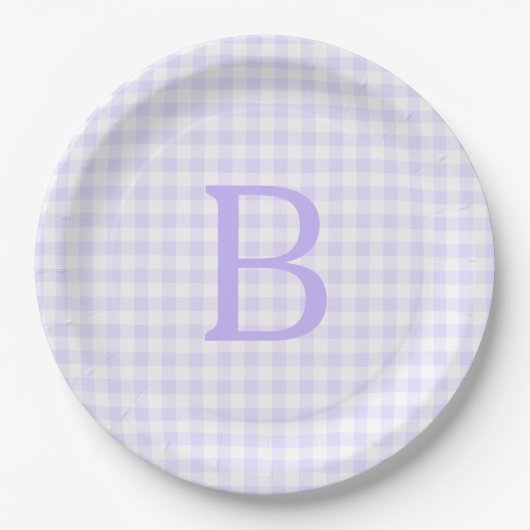 Pastel Lavender und White Gingham Monogram Pappteller (Vorderseite)