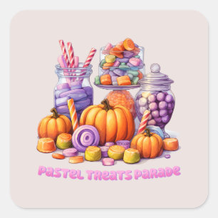 Pastel Leckereien Parade - Niedlich Candy & Pumpki Quadratischer Aufkleber