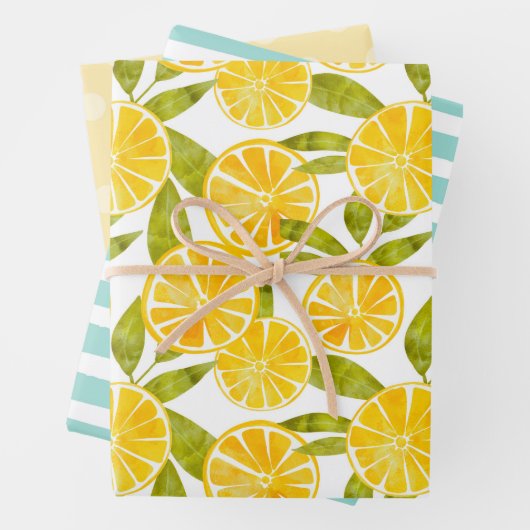 Pastel Lemon Spaß Streifen Dots Frucht Sommer Geschenkpapier Set (Beispiel)
