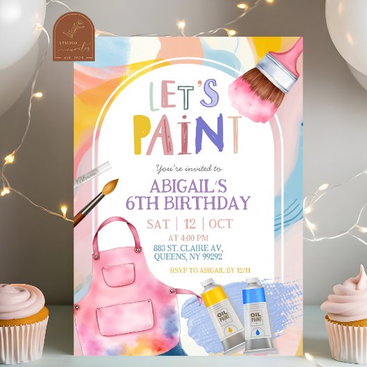 Pastel Let's Paint Girl Birthday Party Einladung