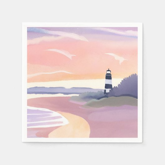 Pastel Leuchtturm | Küstenstrand Wasserfarbe Serviette (Vorderseite)