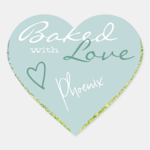 Pastel Light Blue Glitzer gebacken mit Liebe Herz Herz-Aufkleber