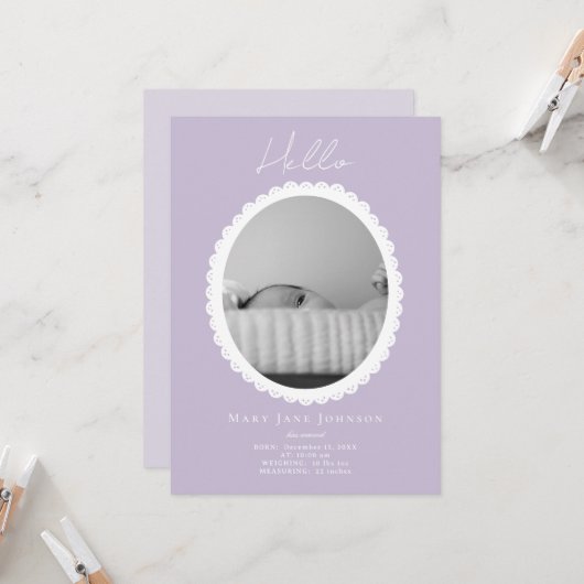 Pastel Light Lavender Baby Birth Announccard Karte (Vorderseite/Rückseite Beispiel)