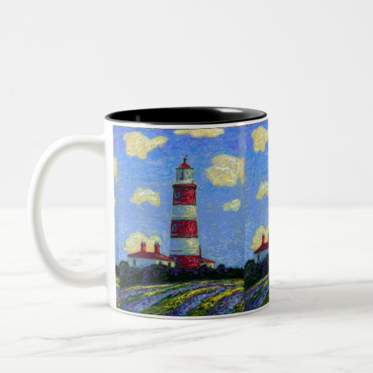 Pastel Lighthouse und Lavenderfelder Zweifarbige Tasse (Links)
