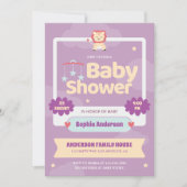 Pastel Lila Baby Dusche Einladung - Niedliche Löwe (Vorderseite)