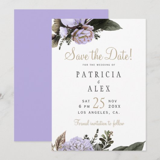 Pastel lila, blumengeschmückte Hochzeit Save the D Date (Vorne/Hinten)