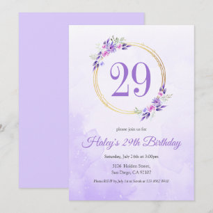 Pastel Lila Floral Golden Kranz 29. Geburtstag Einladung