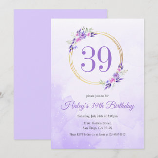 Pastel Lila Floral Golden Kranz 39. Geburtstag Einladung