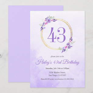 Pastel Lila Floral Golden Kranz 43. Geburtstag Einladung