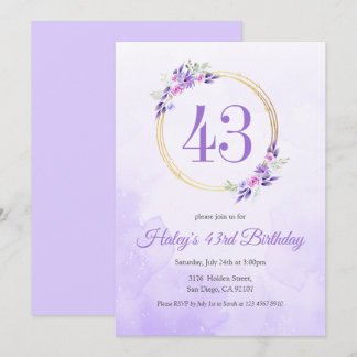Pastel Lila Floral Golden Kranz 43. Geburtstag Einladung