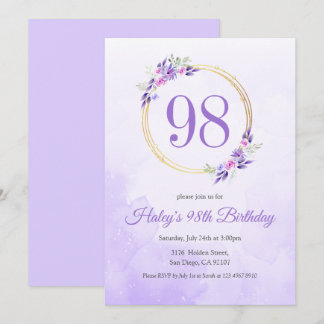 Pastel Lila Floral Golden Kranz 98. Geburtstag Einladung