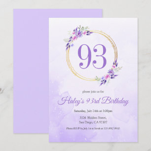 Pastel Lila Floral Golden Wreath 93. Geburtstag Einladung