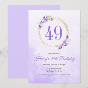 Pastel Lila Floral Goldener Kranz 49. Geburtstag Einladung