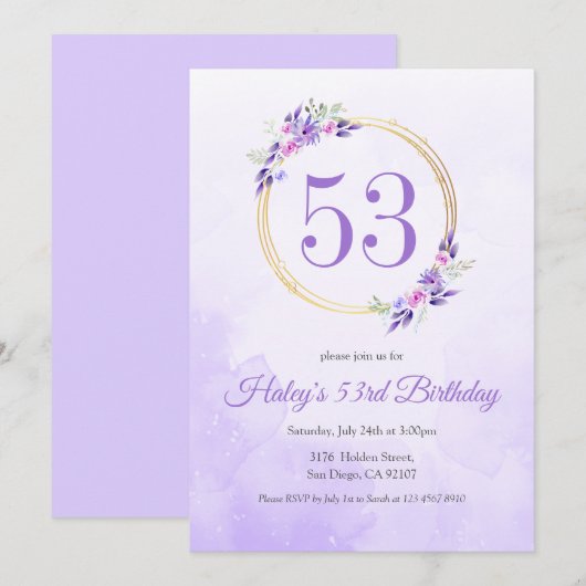 Pastel Lila Floral Goldener Kranz 53. Geburtstag Einladung (Vorne/Hinten)