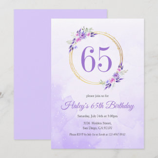 Pastel Lila Floral Goldener Kranz 65. Geburtstag Einladung