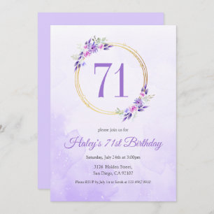 Pastel Lila Floral Goldener Kranz 71. Geburtstag Einladung