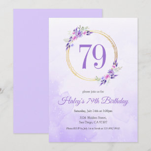 Pastel Lila Floral Goldener Kranz 79. Geburtstag Einladung