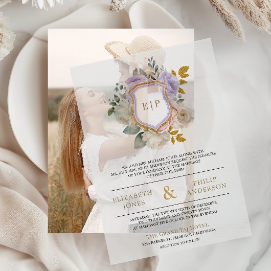 Pastel Lila Floral Monogram Wappen Wedding Pergament Einladungen