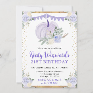 Pastel Lila Floral Pumpkin Fall 21. Geburtstag Einladung