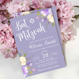 Pastel Lila Floral White Script Bat Mitzvah Einladung