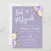 Pastel Lila Floral White Script Bat Mitzvah Einladung (Vorderseite)
