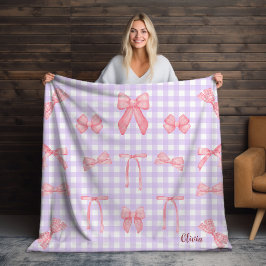 Pastel Lila Gingham & Pink Bow Fleece Blanket
