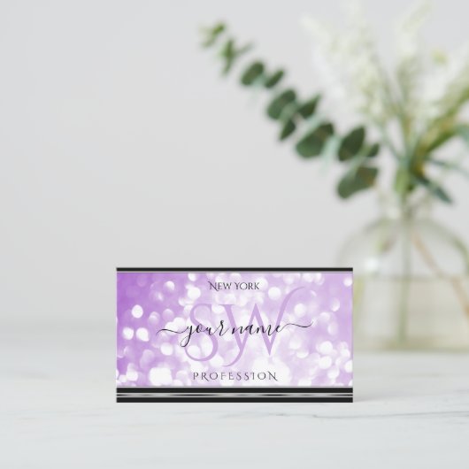 Pastel Lila Glitzer Initials Black Silver Lilac Visitenkarte (Stehend Vorderseite)
