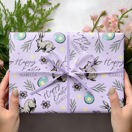 Pastel Lila Happy Oaster Bunnies Geschenkpapier