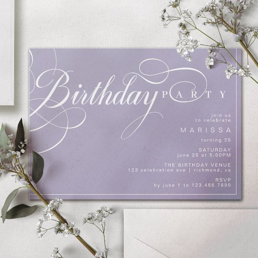 Pastel Lila Lavender Simple Calligraphy Geburtstag Einladung