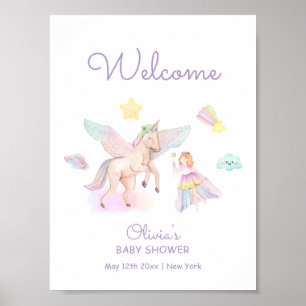 Pastel Lila Princess Unicorn Babydusche Willkommen Poster