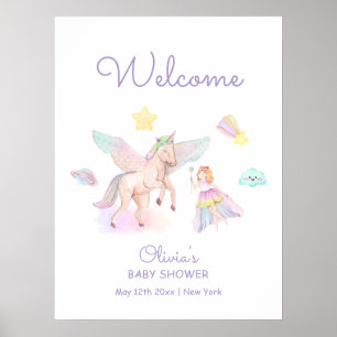 Pastel Lila Princess Unicorn Babydusche Willkommen Poster