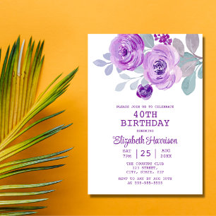 Pastel Lila Rose Blumengrün 40. Geburtstag Einladung