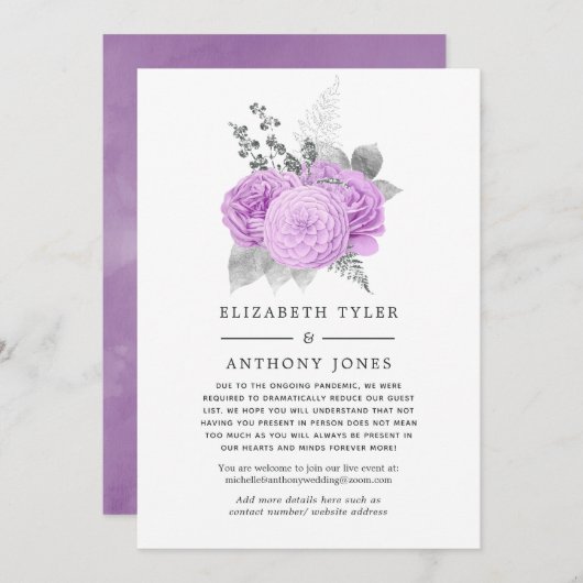 Pastel Lila & Silver Reduced Wedding Guest List Ankündigung (Vorne/Hinten)