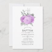 Pastel Lila und Silberne Vintage Rose Taufe Einladung (Vorderseite)