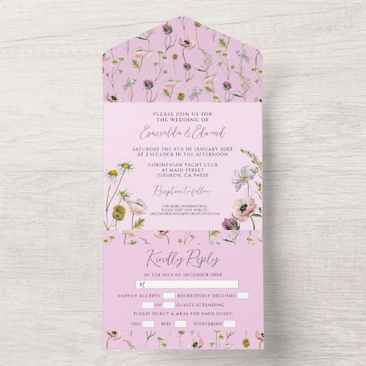 Pastel Lila Wild Blume Botanische Hochzeit All In One Einladung (Innen Boden)