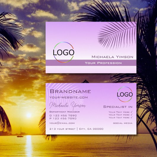 Pastel Lilac Gradient Palm Leaf mit Logo Stilvoll Visitenkarte