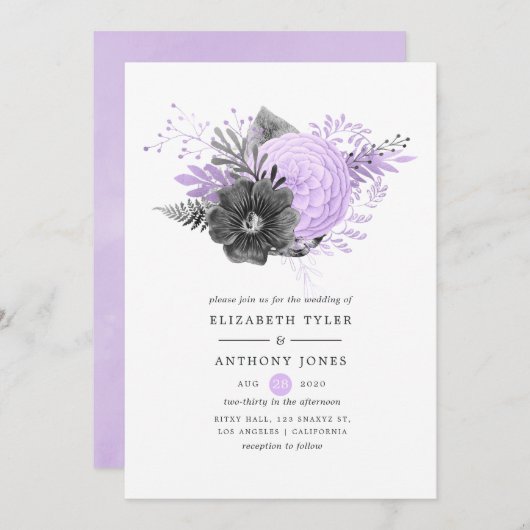 Pastel Lilac und Charcoal Floral Wedding Einladung (Vorne/Hinten)