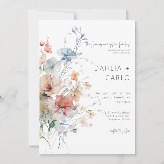 Pastel Loose Wildblumen Moderne Hochzeit Einladung (Vorderseite)