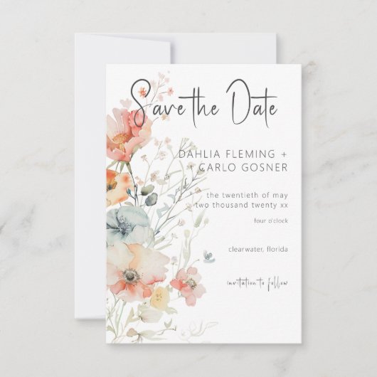 Pastel Loose Wildblumen Moderne Hochzeit Save The Date (Vorderseite)