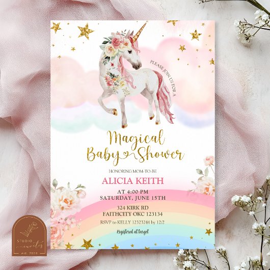 Pastel Magical Unicorn Baby Shower Einladung